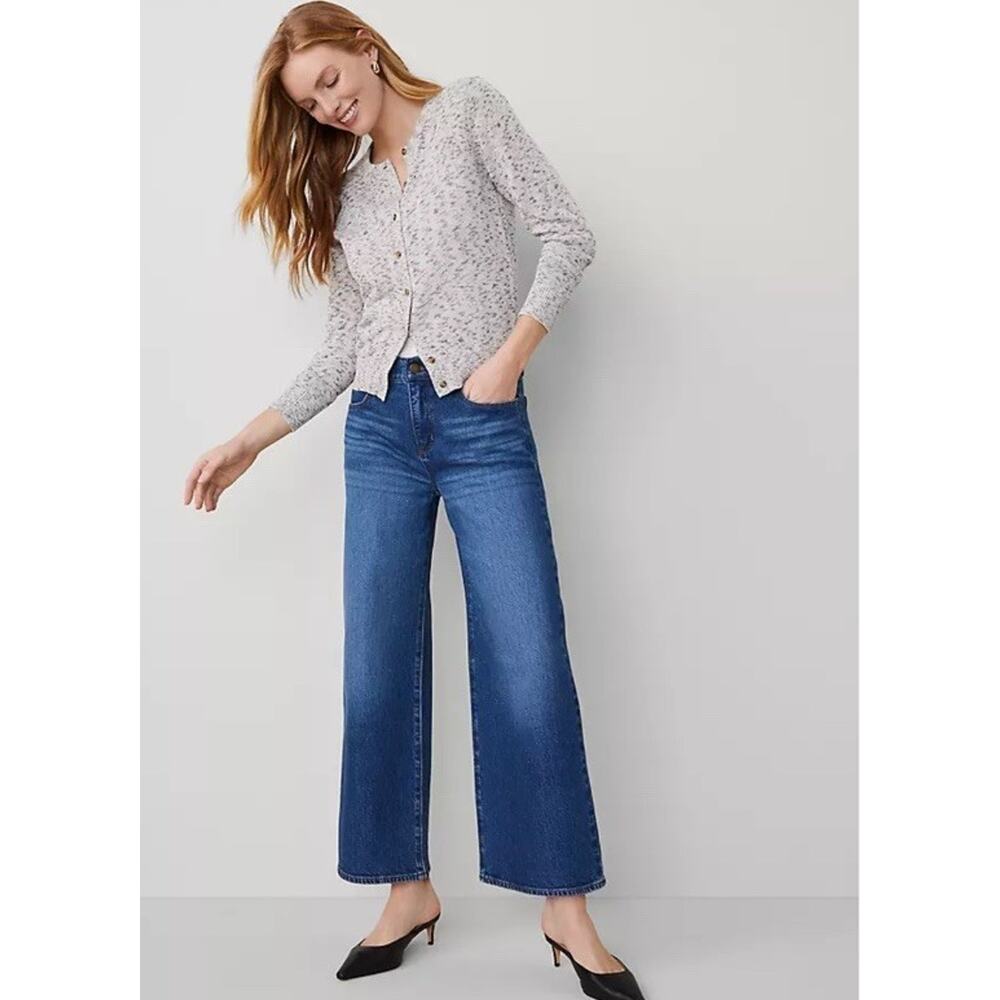 Ann Taylor Petite Pants Denim Blue 12P Cropped Wide Leg Hi Waist NWT - Picture 3 of 10